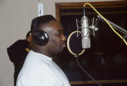 Almighty Kay Gee of the Cold Crush Brothers recording a commercial for Funkmaster Flex, D&D Studios