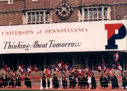 Commencement Procession, 1992: Alumni class representatives march on the track of Franklin Field