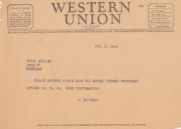 Rubin Saltzman to Hotel Statler Requesting Reservation, October 1946 (telegram)