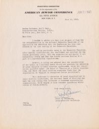 Jesse B. Calmenson to Rubin Saltzman about Decision Preventing IWO Participation in Conference, June 1943 (correspondence)