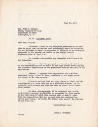 Louis E. Spiegler to Ruth B. Shipley about Travel to Palestine, June 1946 (correspondence)