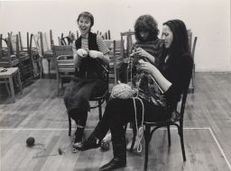 Photograph of Lindsay Cooper, Maggie Nicols, and Joelle Leandre knitting