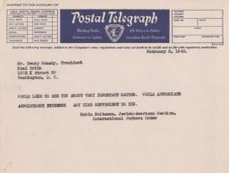 Rubin Saltzman to Henry Monsky Requesting Appointment, February 1943 (telegram)