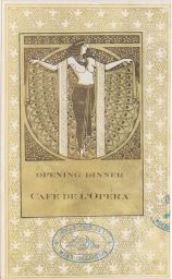 Back cover ofOpening Dinner, Cafe de L'Opera menu