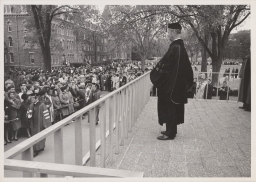Cornell president James A. Perkins on Olin Library Terrace at Centennial celebration