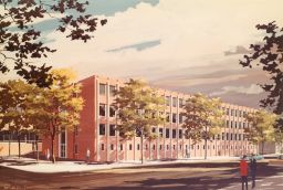 Graduate School of Education (built 1962, Harbeson, Hough, Livingston, Larson, architects), architectural rendering (watercolor)