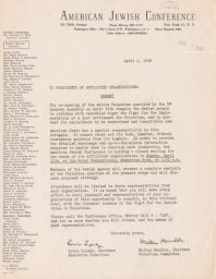 Louis Lipsky and Milton Handler to Presidents of Affiliated Organizations about UN General Assembly, April 1948 (correspondence)