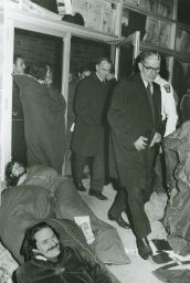 President Dale Corson leaving negotiation talks with student protesters at Carpenter Hall at 2 am