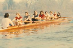 Crew (women's), 1981 eight-oar team, on the river
