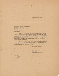 George Starr to the American Jewish Conference about Establishing a Permanent American Jewish Assembly, January 1948 (correspondence)