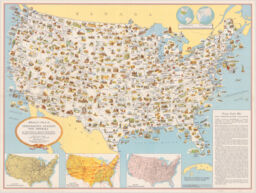 Illustrierte Karte der Vereinigten Staaten von Amerika mit Darstellung der regionalen Bodenschätze, Produkte und landschaftlichen Besonderheiten
(Illustrated Map of the United States of America Showing the regional Natural Resources, Products and Features)
