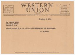 Rubin Saltzman to George Smigel Asking for a Call, November 1946 (telegram)