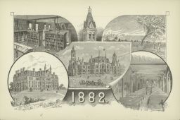 University of Pennsylvania campus views: College Hall (center, built 1871-1872), surrounded by athletic field, chapel and library (both in College Hall), Medical Hall (later Logan and then Claudia Cohen Hall, built 1873)