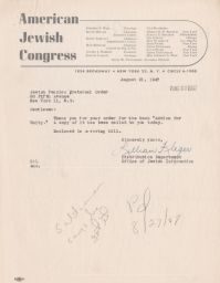 Lillian Kleger to JPFO with Book "Action for Unity," August 1947 (correspondence)
