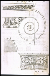 [Ionic capital, with moldings, quarter plan, and method of forming the volute] (from Serlio, On Architecture)