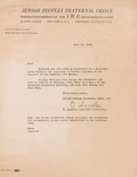 Gedaliah Sandler Writes Invitation Letter for Farewell Get-Together for Rubin Saltzman's Europe Trip, June 1946 