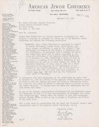 Louis Lipsky to Rubin Saltzman about Resolution Passed, November 1948 (correspondence)
