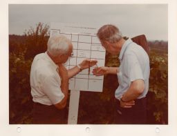 Nelson Shaulis and Cornell President Frank H. T. Rhodes at the New York State Agricultural Experiment Station vineyards.