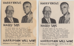 Harry Knows / Harry Says / Harriman Will Win! Handbill