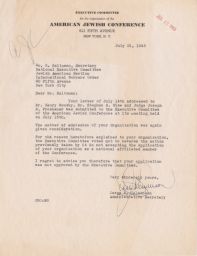Jesse B. Calmenson to Rubin Saltzman about Admittance to the American Jewish Conference, July 1943 (correspondence)