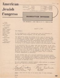 Bernard Harkavy and Max Tachna about American Jewish Congress Membership Dues, August 1947 (correspondence)