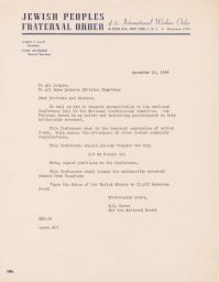 Ernest Rymer to All Lodges and All Emma Lazarus Division Chapters about Upcoming Conference, December 1946 (correspondence)
