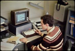 Hal Tatelman, class of 1974, operating early computer--NEWRIT (Northeast Water Resources Information Terminal)