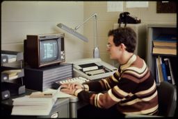 Hal Tatelman, class of 1974, operating early computer--NEWRIT (Northeast Water Resources Information Terminal)