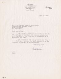 Lee Pressman to Peter Shipka about Bill for Services, April 1950 (correspondence)