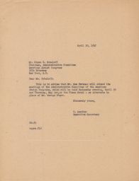 Gedaliah Sandler to Simon E. Sobeloff about Attendance of Sam Pevzner at Meetings, April 1947 (correspondence)