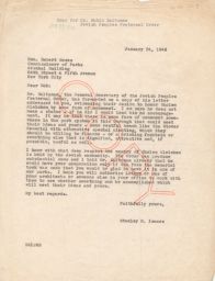 Stanley M. Isaacs to Robert Moses Granting Request for Sholem Aleichem Monument, January 1946 (correspondence)