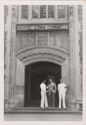 Hotel Ezra Cornell front office staff at Willard Straight Hall entrance