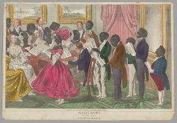Print showing fashionable white audience listening to a group of black singers