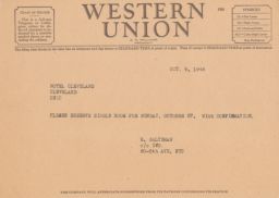 Rubin Saltzman to Hotel Cleveland Requesting Reservation, October 1946 (telegram)