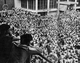Antiwar protestors on College Hall after Nixon's announcement of United States involvement in Cambodia