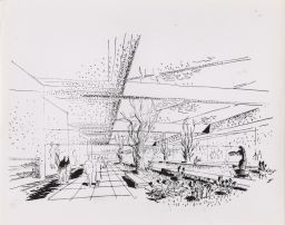 Photograph of an ink drawing of the interior of the marketplace