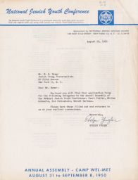 Evelyn Yugler to Ernie Rymer Regarding National Jewish Youth Conference Annual Assembly, August 1950