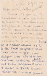 Bernard Berman to Rubin Saltzman regarding American Jewish Conference, July 1943 (correspondence)