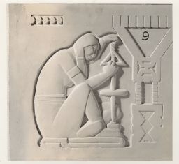 Maquette for doorway decoration element for Wichita Art Museum by Lee O. Lawrie: Indian craftswoman (spinning), no. 9.