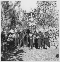 Vicosinos carrying casket and religious banner,  Festival of Virgin de las Mercedes