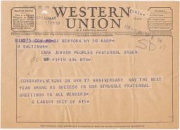 G. Lansky to Rubin Saltzman, May 1953 (telegram)