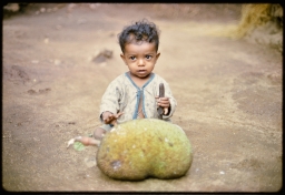 Child in courtyard with jackfruit