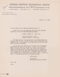 Sam Pevzner to All Members of the English Speaking Committee about National Committee Meeting, October 1946 (correspondence)