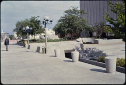 Shelter and street furniture in downtown pedestrian mall (Waterfront Area, Sacramento, California, USA)