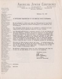 Isaiah L. Kenen to Affiliated Organizations of the American Jewish Conference about Transcript of Third Session, February 1947 (correspondence)