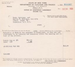 Rubin and Mollie Saltzman's 1949 State Income Tax Notice of Additional Assesment