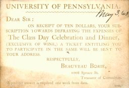 Class Day, 1865, invitation to program and supper