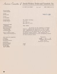 Valia Hirsch to Rubin Saltzman Thanking him for Speech at Black Book Dedication Ceremony, March 1946 (correspondence)