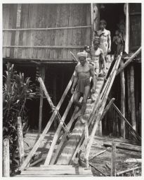 People coming down longhouse ladder