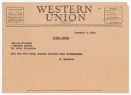 Rubin Saltzman to Hersch Futerman, Western Union Night Letter, November 1946 (correspondence)